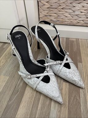 Zara White Crackle Pointed Slingback Heels with Cross Straps